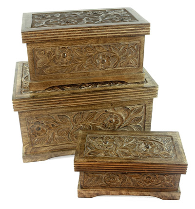 Mango Wood Set Of 3 Large Boxes Flower Design